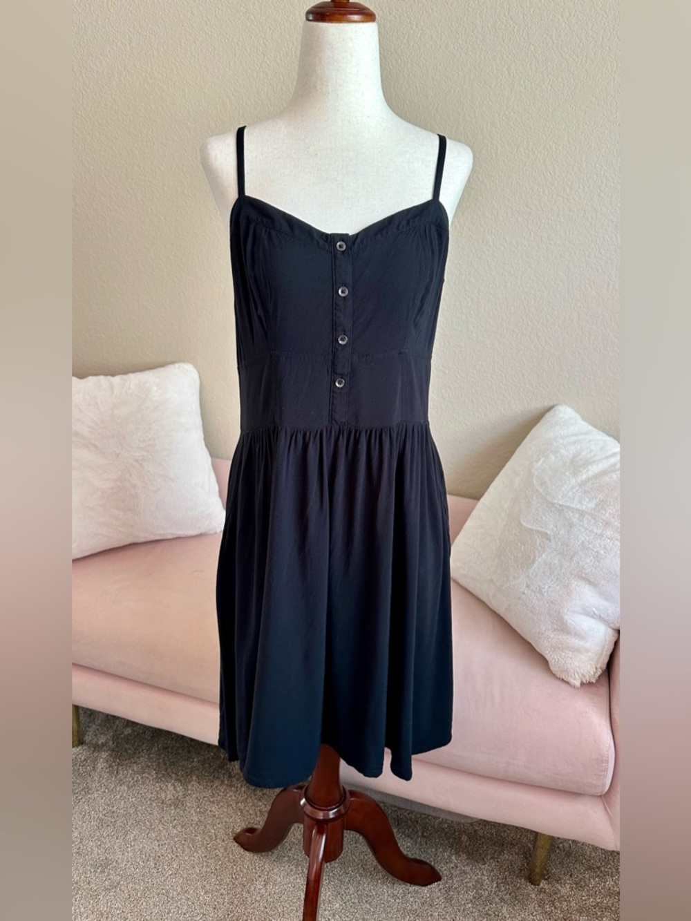 EXPRESS Y2K Black Mini Dress Women’s Small Adjust Straps Pockets Sweetheart Neck